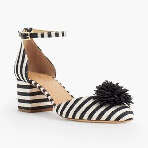 Talbots Isa Black & Cream Striped Pumps with Ankle Strap and Pom Pom Size 7